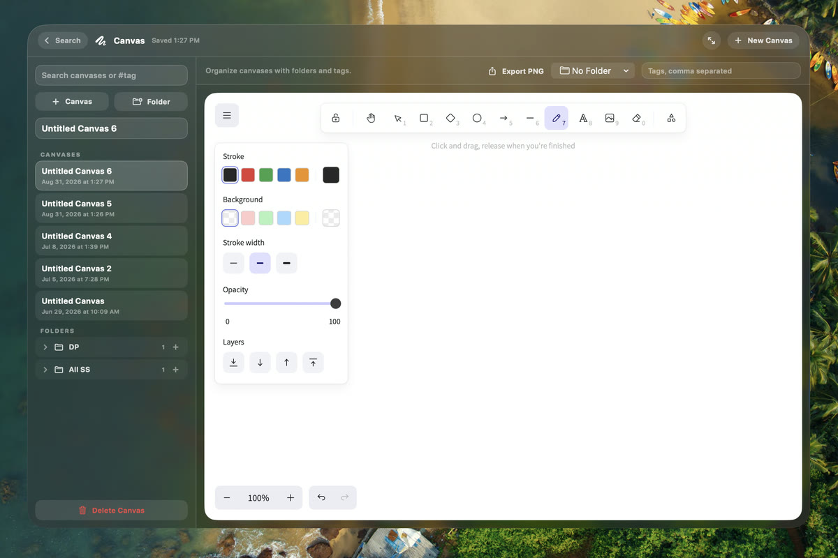 Vehla Canvas workspace with drawing controls and layers