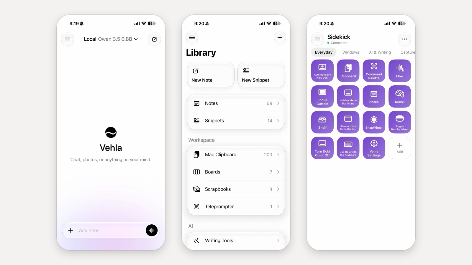 Three Vehla for iPhone screens side by side: the chat with a local model, the Library, and the Sidekick button grid
