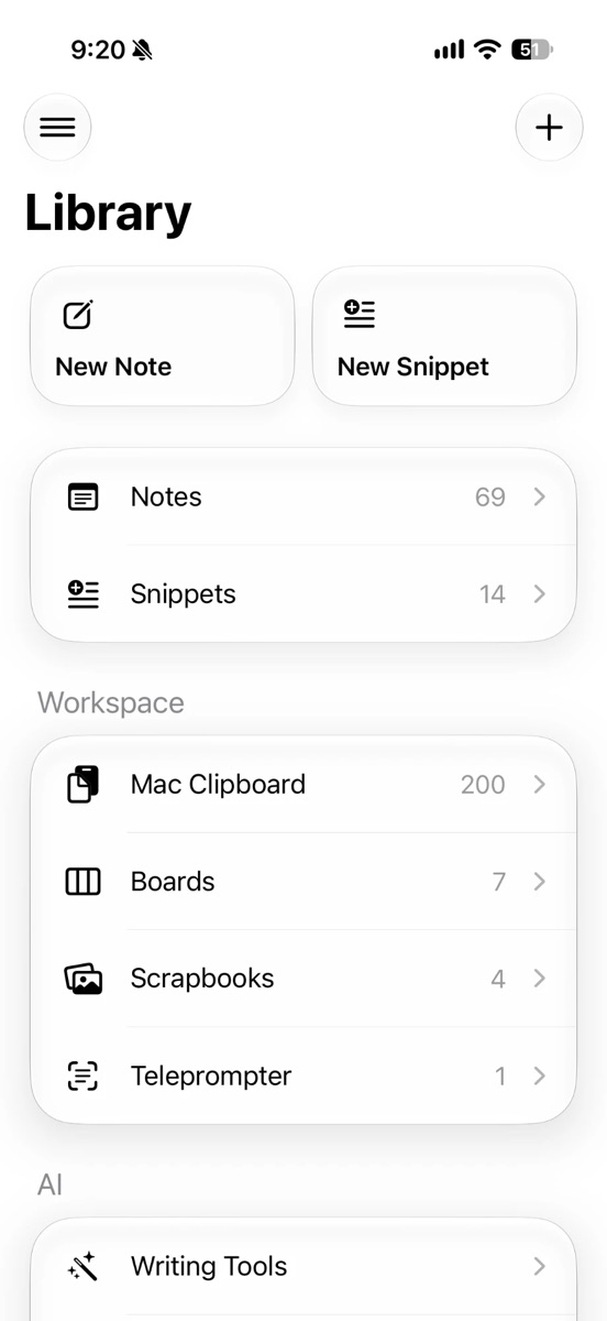 Vehla for iPhone Library screen listing Notes, Snippets, Mac Clipboard, Boards, Scrapbooks, Teleprompter and Writing Tools