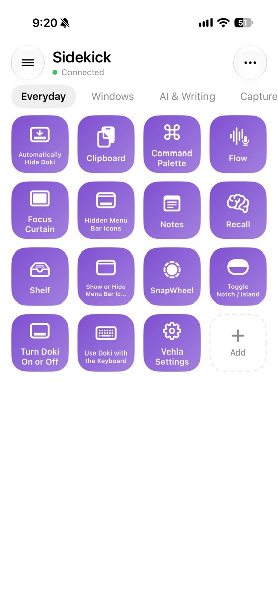 Vehla for iPhone Sidekick screen showing a grid of purple buttons such as Clipboard, Command Palette, Flow, Focus Curtain, Shelf and SnapWheel