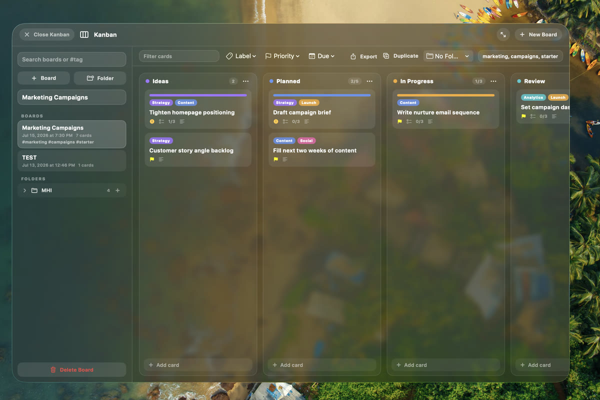 Vehla Kanban workspace with cards organized across a marketing board