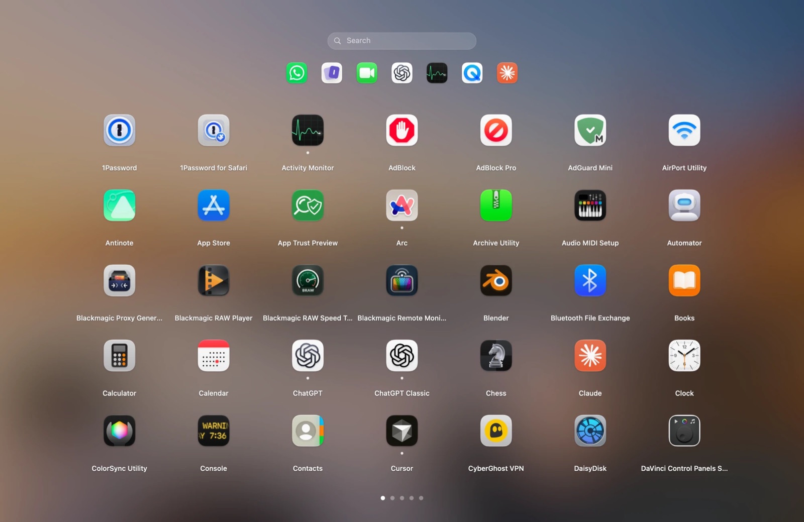 Vehla's Launchpad for macOS 26: a full-screen grid of app icons with search and a recent apps row over a blurred desktop