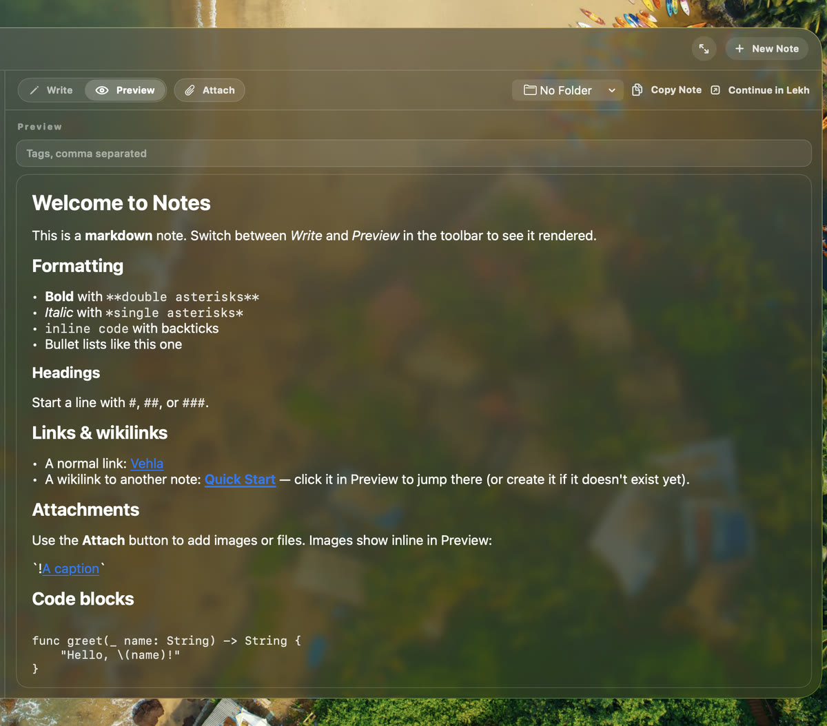 Vehla Notes displaying a rendered Markdown note